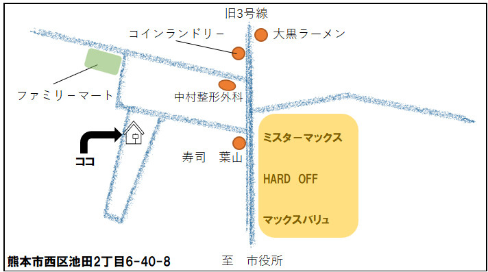 西区池田2丁目の地図|略地図　マックスバリュ・ミスターマックス・ファミリ－マート・バス停に歩いていけます。