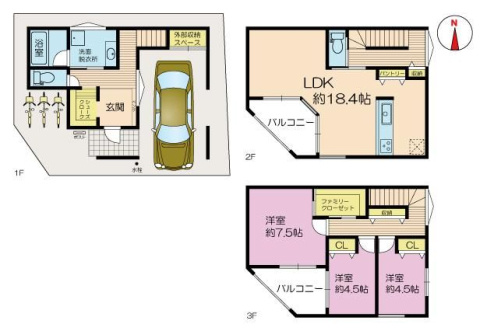 【間取り】 | 城東区鴫野西５丁目新築戸建 | 新築戸建て　3LDK　土地面積：66.57㎡(公簿）　建物面積：121.88㎡　南向き
