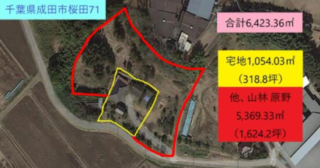 成田市桜田　古民家中古戸建の区画図|敷地合計6,423.36㎡内（宅地318.8坪）（山林原野1,624.2坪）築年数1951年以年（不明）