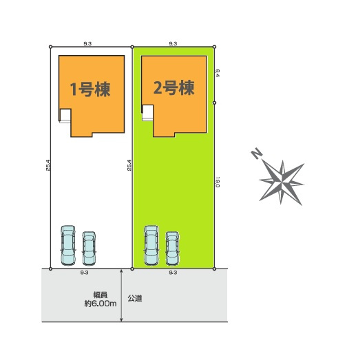 Terrace　ひたちなか市武田　1期 　2の区画図|並列駐車可能、前面道路幅6メートルで車庫入れが楽です。内覧可能です。HPから、またお電話でも、お気軽にお問い合わせください。

