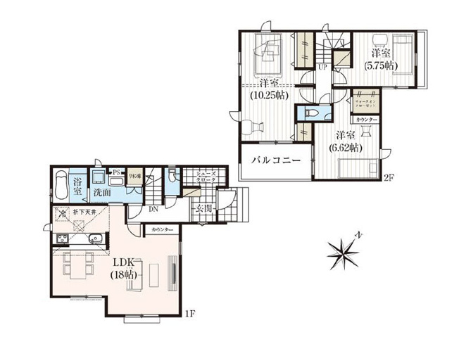 【間取り】 | 志木市中宗岡3丁目　新築一戸建住宅　全7棟　(ふじみ野店) | 3号棟/LDK18帖、主寝室10.2帖！広々居住空間が魅力の新築一戸建住宅。
シューズインクロークやウォークインクローゼットなど収納も豊富です！