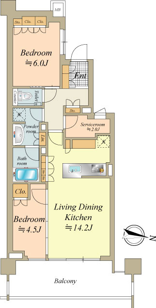 1階部分　63.13㎡の2LDK　東向き