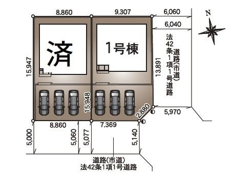 宮崎市赤江第５－１号棟　新築戸建の区画図|【区画図】
駐車スペース並列3台可能。（車種によります）