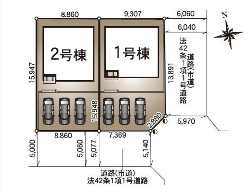 宮崎市赤江第５－２号棟　新築戸建の区画図|【区画図】
駐車スペース並列3台可能。（車種によります）