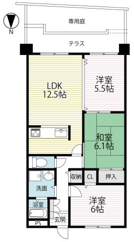 ◆ペット飼育可◆リフォーム済３ＬＤＫ◆南向きテラス＆専用庭◆スーパー徒歩５分◆サンルシエル山科西野の間取り