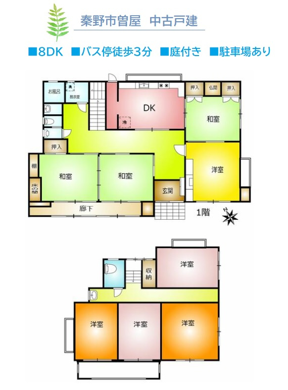 秦野市曽屋　中古戸建　108.76坪の間取り|1階は和室を中心とした間取り設計◎高台につき陽当たり・眺望良好！　
ガーデニングや家庭菜園も楽しめる庭付き◎