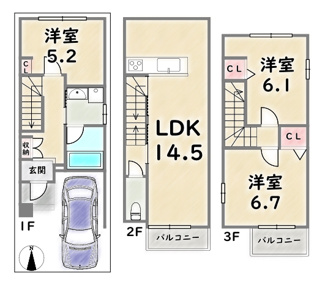 【参考プラン】 | 右京区西院寿町　建築条件つき | 《参考プラン》建物価格：1824万円　延床面積：77.04平米（1F:21.80平米　2F:28.84平米　3F:26.40平米）