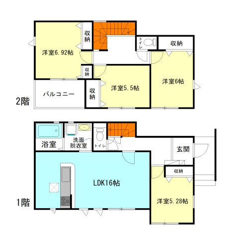 【間取り】 | リナージュ高崎市剣崎町23-1期ー⑤ | 全居室南向き＋モダンな洋室仕様！
水廻りを最短距離で結んだ、ラクラク家事同線設計！