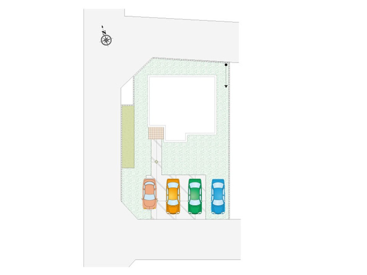 【９号棟　区画図】並列駐車４台可能。ファイブイズホームの物件には外水道が付いている為、お子様用のプールに水を張ったり洗車をする際にも役立ちます。