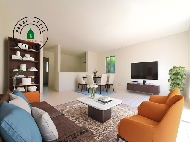 宮崎市生目台西一丁目第1-2棟（A号棟）の内観：施工例|明るく開放的なリビングダイニングは豊かな陽光が注ぎ込み、やすらぎの空間を演出してくれます。ご家族で楽しいひとときをお過ごし下さい。※家具はCGを合成したものです。