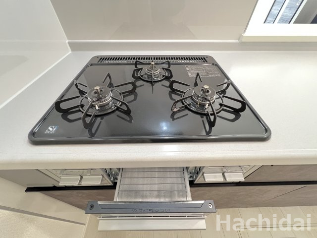 高浜市田戸町2丁目　新築一戸建のキッチン|1度にたくさんのメニューが作れる3口コンロ付のシステムキッチンです♪