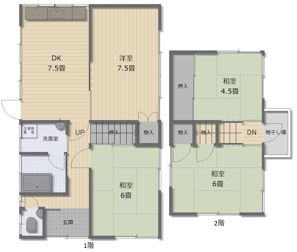 津山市一方　中古住宅　4DKの間取り