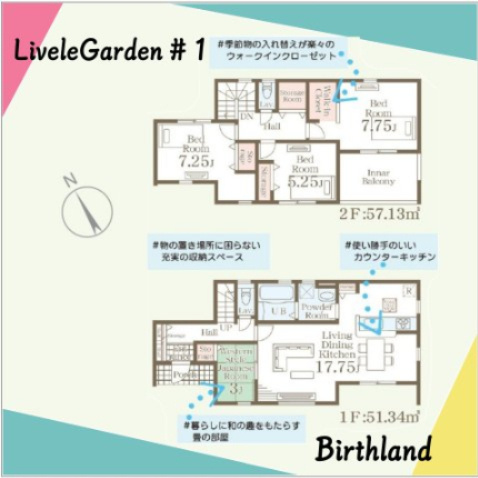 新築戸建・建売　福島市八島田字八幡北第2 Livele Garden　全2棟の間取り|キッチン近くに洗面室・浴室があるため家事動線が取りやすく朝・晩のバタバタ時間の解消にGOODな間取り