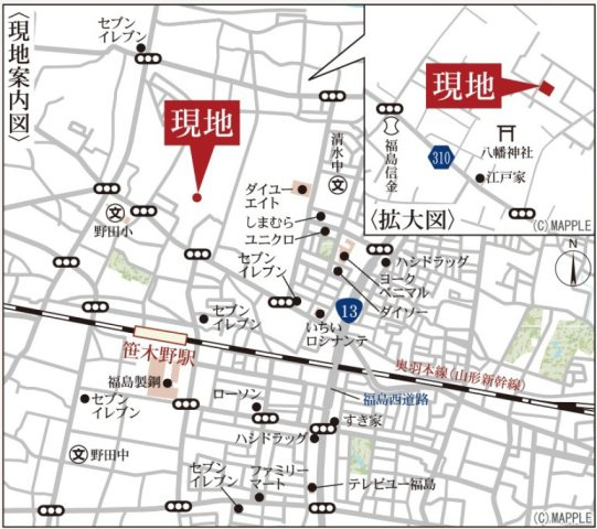 新築戸建・建売　福島市八島田字八幡北  Livele Garden　全2棟の地図