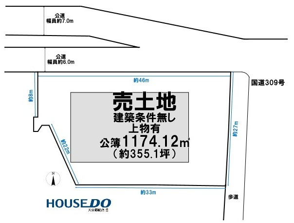 売土地　大阪市平野区瓜破南（建築条件無し上物有）の土地図|土地図は略図につき現況を優先致します。