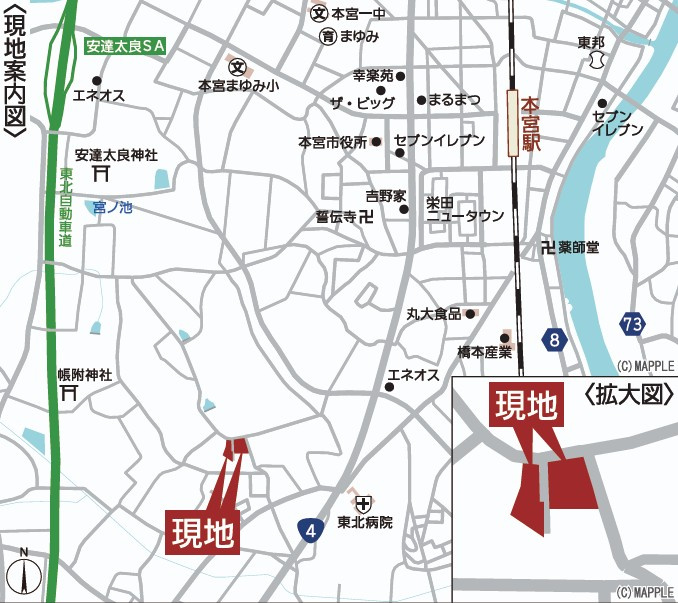 本宮市青田字中森　　　7号棟　　　五百川小学校、本宮第２中学区の地図|案内図・拡大図