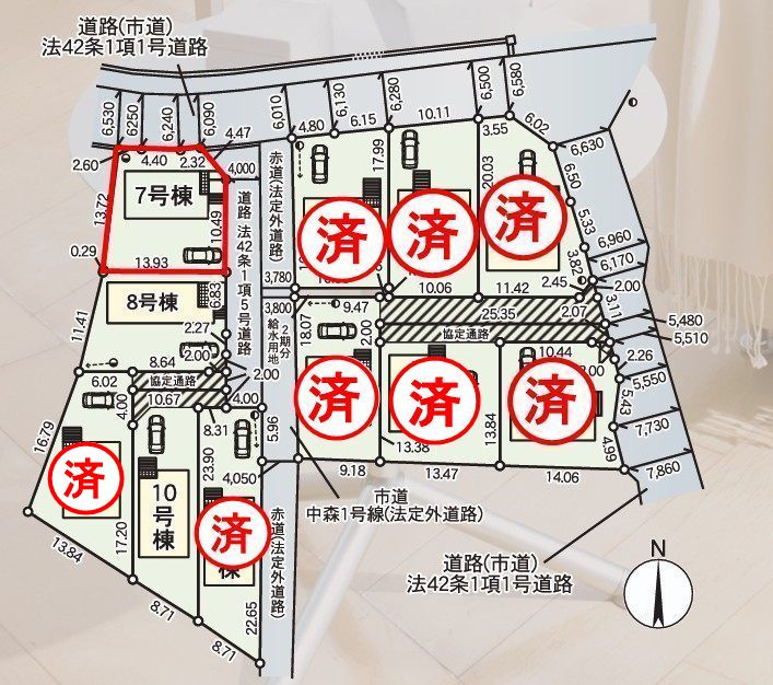 本宮市青田字中森　　　7号棟　　　五百川小学校、本宮第２中学区の区画図