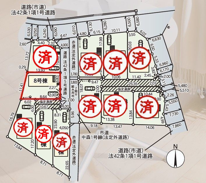 本宮市青田字中森　　　8号棟　　　五百川小学校、本宮第２中学区の区画図