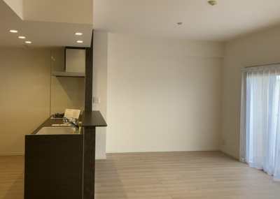 【居間・リビング】 | グランシティレイディアントアクアヴィータ | 直線タイプはLとDKを一直線に並べた形で対面キッチンのタイプです。一般的なのでよく見かけるかもしれません。直線タイプに似た直接アイランドタイプは、キッチンとダイニングの間に壁がない分広く感じられます。