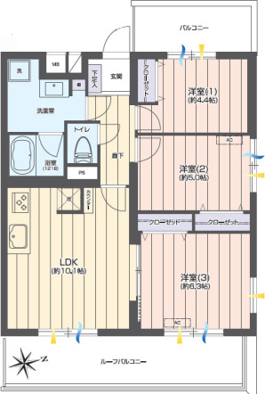 パーク・ハイム府中の間取り|3LDK、価格3780万円、専有面積59.94m²、バルコニー面積4.22m²