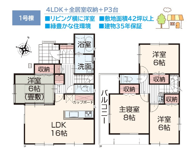 【間取り】 | 洗濯動線がスムーズになるL型バルコニー！全居室6帖以上◎　　
玄関付近に洗面があり、汚れ物をリビングに持ち込まずに済みます！