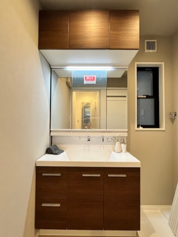 篠原南町４丁目新築戸建の独立洗面台|ミラー上にも収納があります