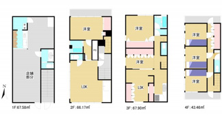 【間取り】 | 京成小岩2分　北小岩6丁目店舗事務所付住宅 | 1F:店舗　2F：1LDK　3F4F：4SLDK