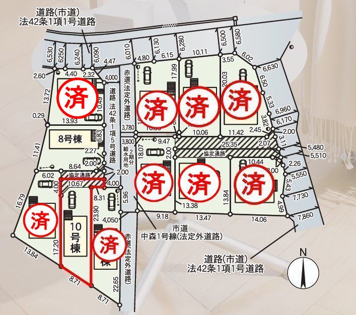 本宮市青田字中森　　　10号棟　　　五百川小学校、本宮第２中学区の区画図
