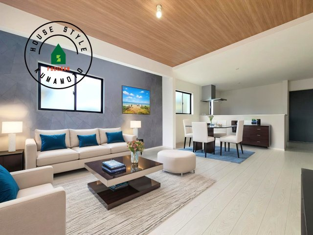 熊本市北区鶴羽田4丁目第1-4棟（1号棟）　の内観：施工例|キッチンからリビングをしっかり確認できます。家族の笑顔があふれる空間になりそうですね。※家具はCGを合成したものです。