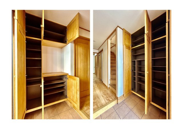 葛飾区堀切4丁目中古住宅の玄関|【玄関】玄関には大型のシューズクローゼットを設置しておりますのでいつでもスッキリりとした空間を保てます。玄関周りを清潔に使うのはとても大事なことですよね。