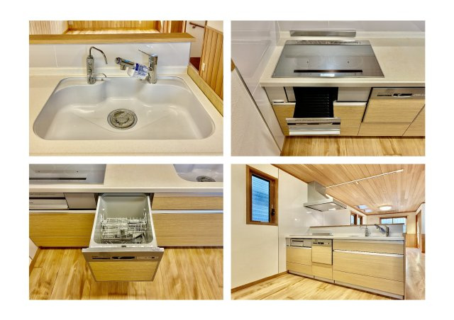 葛飾区堀切4丁目中古住宅のキッチン|【システムキッチン】ワイドで収納豊富な使い勝手の良いカウンターキッチンには、食洗器や伸縮タイプのキッチン水栓、IHクッキングヒーター、三ツ口コンロ・魚焼きグリルなどの便利な設備が標準完備されています。