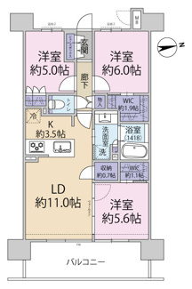 【間取り】 | ザパークハウス三郷 | 専有面積：71.02㎡　３LDK＋２WIC　
6,700㎜のワイドスパン設計とダブルアウトフレーム設計により、廊下は短く、居住空間には広さと明るさをもたらす理想的な間取りを実現