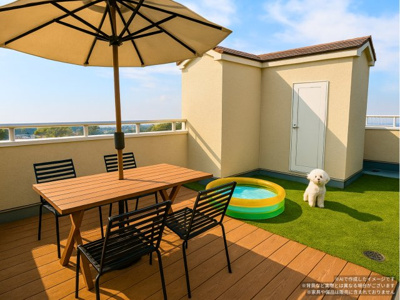 【外観パース】 | 新築戸建て 桜上水1棟 | 屋上テラスは家族と過ごす、もう一つのリビングになります。（AI画像によるイメージです）