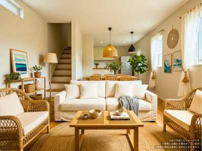 【居間・リビング】 | 新築戸建て 桜上水1棟 | 明るく開放的なリビング。（AI画像によるイメージです）