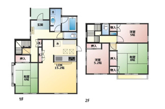 【間取り】 | グランファミーロ・リスタイル五井西　中古戸建　五井駅 | ４LDK。
収納豊富な間取りです。
各居室はもちろん、リビング、床下収納、脱衣所、玄関ホールにも収納スペースがあるので、いつもすっきりと片付いたお部屋を保つことができます。
２階にも洗面台があります。