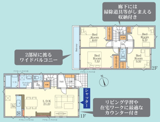 【間取り】 | 大和市福田4丁目  2号棟 13期 | 都市ガス　網戸標準仕様　シャッター1箇所付　二部屋から行き来できるバルコニー　食洗器・浄水器　浴室乾燥機+窓　全居室収納