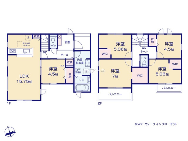 碧南市相生町2丁目34-21『仲介手数料無料』新築戸建ての間取り|　1号棟　5LDK　1F:LDK15.75帖に隣接する洋室4.5帖はお子様の遊び場・奥様の家事室に便利♪玄関収納♪2F:主寝室7帖・洋室5.06帖・洋室5.06帖　WIC設置！洋室4.5帖　CL設置♪
