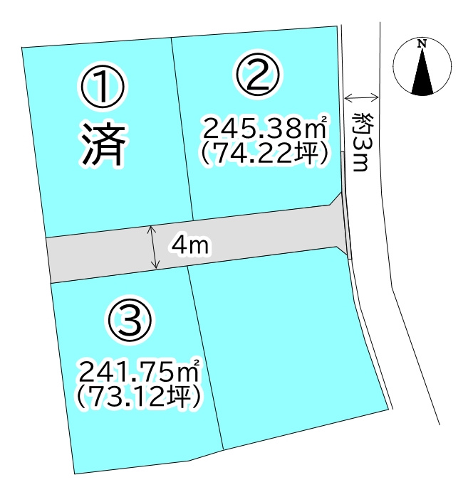 外山町　売土地　3区画の区画図|【区画図】全3区画の分譲地です。3号地は約73坪の広さで、平屋の建築も可能です。