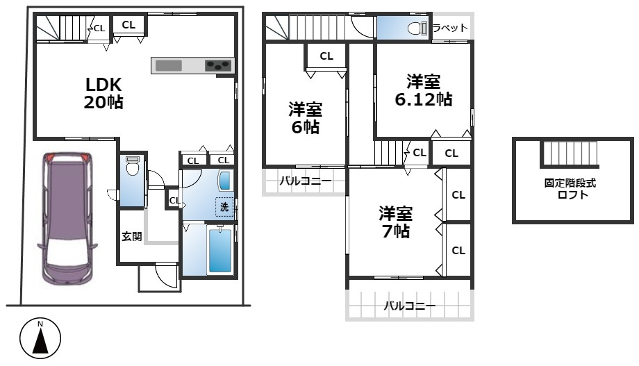 田中古川町 土地の土地図＋建物プラン例