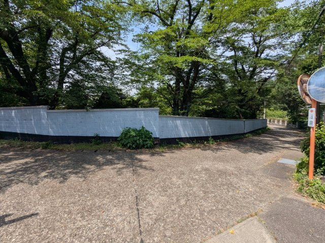 中古戸建　中里見町井ノ下の前面道路含む現地写真|緑豊かで閑静な周辺環境。しっかりと囲われた白い塀が敷地のプライバシーと安心感を高めます。