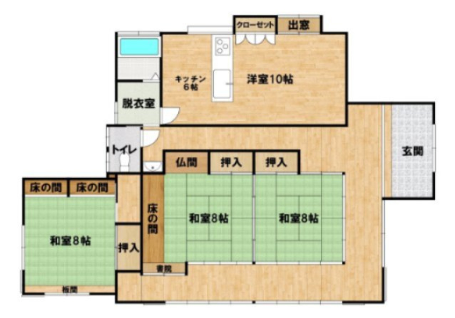 中古戸建　中里見町井ノ下の間取り|使い勝手のよいキッチンを備えた洋風LDK。続き間の和室はお客様をお迎えするにも十分な広さです。
