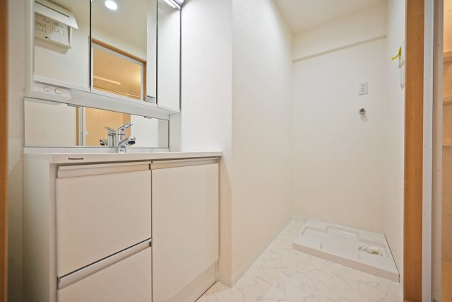 アドリーム伊丹北野の独立洗面台| 鏡裏と洗面台下、横にも収納があり、タオルなどの日用品やスキンケア用品などもたくさんしまえてすっきりとした空間を保つことができます。