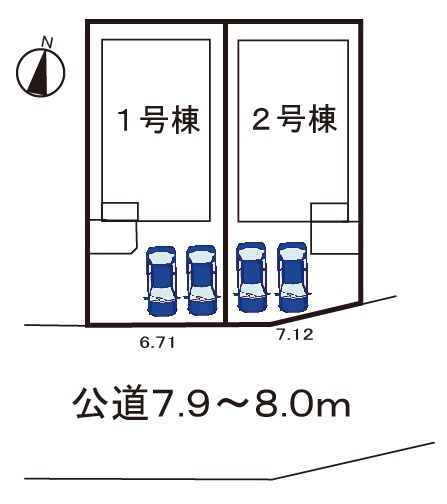 小牧市大字本庄字郷浦　新築戸建　１号棟の区画図|駐車場並列２台可。前面道路広々。