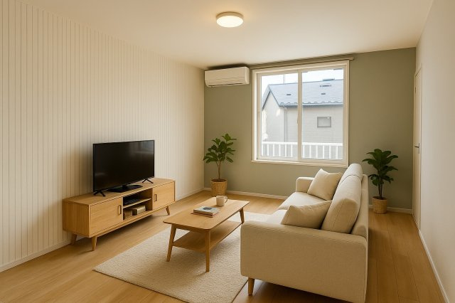 コーポアズールⅠの居間・リビング|かわいさと落ち着き、どちらも大切にした空間。※家具はAI生成によるイメージです。