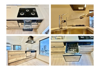 【キッチン】 | レジデンシャルステートタワー南千住 | 【システムキッチン】ワイドで収納豊富な使い勝手の良いカウンターキッチンには、食洗器や伸縮タイプのキッチン水栓、三ツ口コンロ・魚焼きグリルなどの便利な設備が標準完備されています。