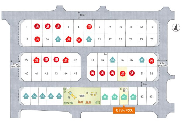 COLORSCITY63区画 TRIBUTEイエコレ　天然木デザイン建売の区画図|分譲地内に大きな公園のある63区画の分譲地内です♪