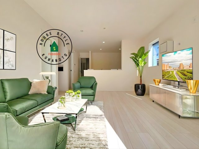 熊本市中央区出水6丁目第3-2棟（2号棟）の居間・リビング|キッチンからリビングをしっかり確認できます。家族の笑顔があふれる空間になりそうですね。※家具はCGを合成したものです。