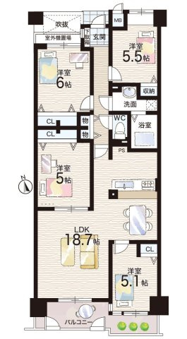 オークヒルズ香里四番館の間取り|4LDK 各居室に収納スペース完備！