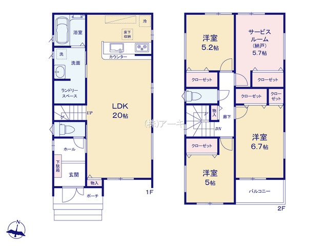 東海市中央町6丁目65-3『仲介手数料無料』新築戸建ての間取り|　1号棟　1F:LDK20帖！リビングイン階段♪リビング物入♪ゆとりの洗面室　ランドリースペース♪家事動線の良い間取り2F:洋室6.7帖・洋室5.2帖‣洋室5帖・納戸5.7帖　CL設置♪南面バルコニー