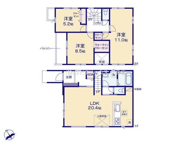 久喜市本町10期　新築一戸建て　01　リガーレの間取り|20.4帖の広々リビングで家族が自然と集まりたくなる開放空間♪